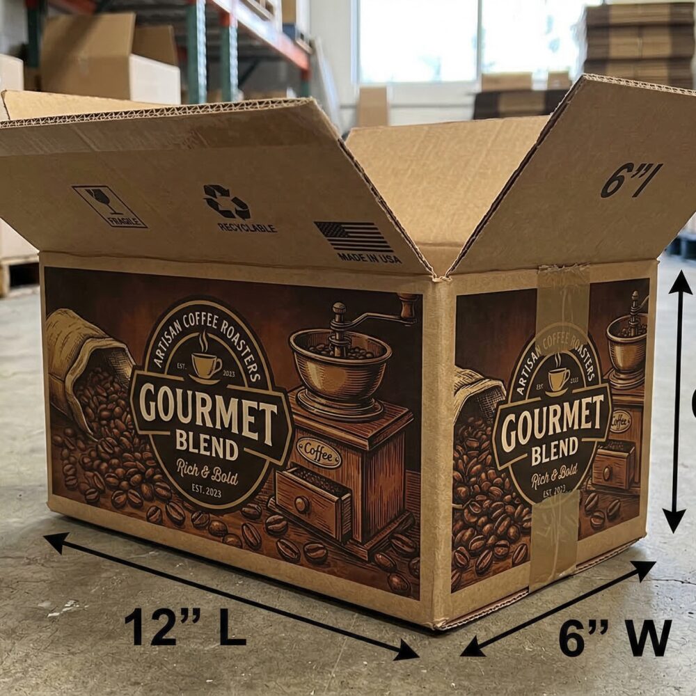 Caja de cartón con estampado. De 12 x 6 x 6 pulgadas